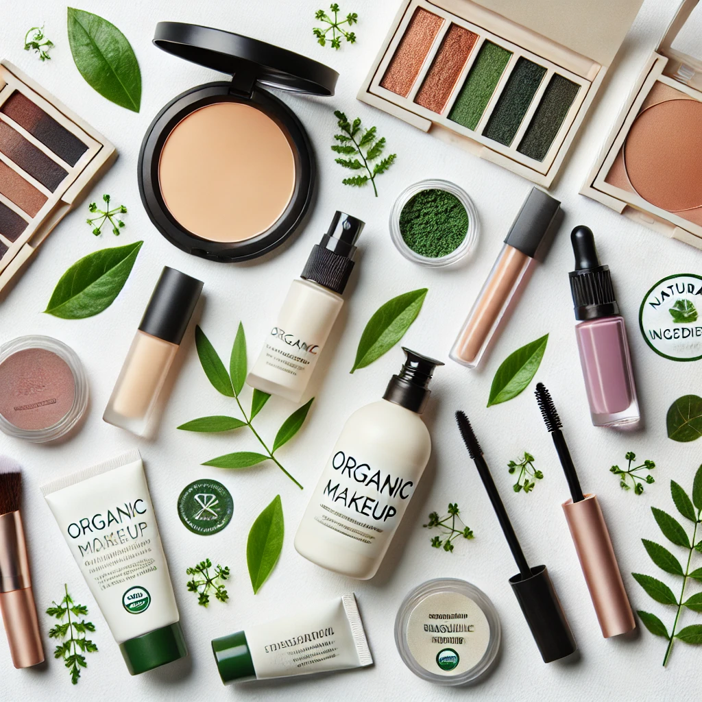 A flat lay of various organic makeup products, including foundation, lipstick, mascara, and eyeshadow, displayed on a clean, white background with green leaves and eco-friendly packaging, emphasizing the natural and eco-friendly theme.