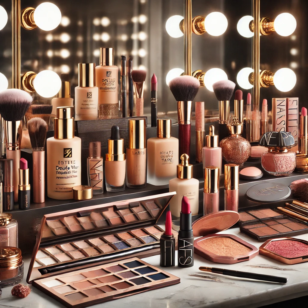 "A glamorous makeup setup displayed on a vanity with high-end products including Estée Lauder Double Wear foundation, Fenty Beauty foundation, Tarte Shape Tape concealer, NARS Radiant Creamy Concealer