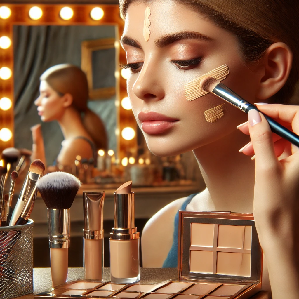 Concealer: Hide Imperfections "Close-up of a makeup tutorial setup, featuring a well-lit vanity with various makeup products. A mirror reflects a woman's face as she applies concealer with a brush, seamlessly covering skin imperfections